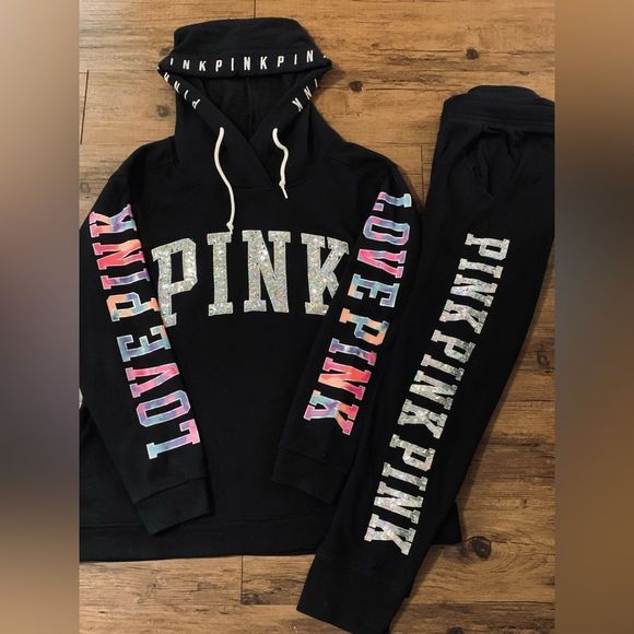 PINK VS HTF WATERCOLOR BLING HOODIE/ IRIDESCENT JOGGERS OUTFIT SET LARGE - Picture 2 of 12